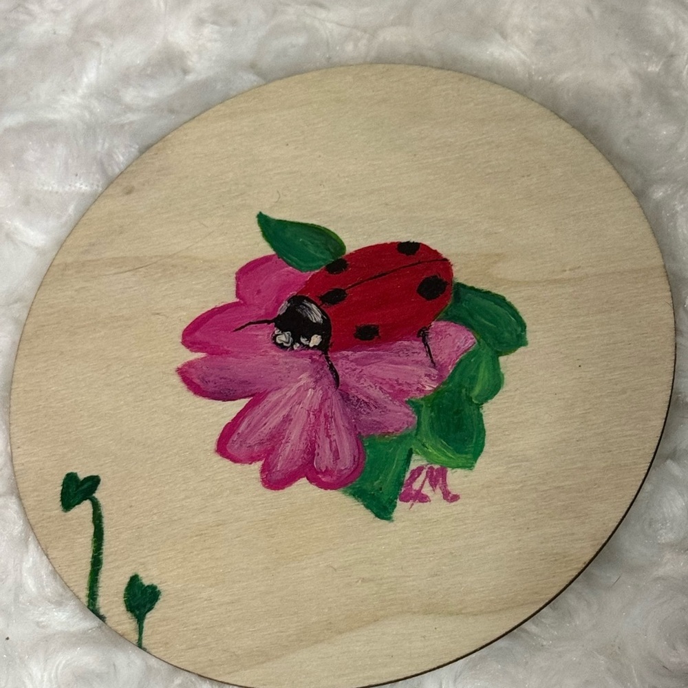 Lady Bug on Flower acrylic Painting coaster original by Artist Lise Marie